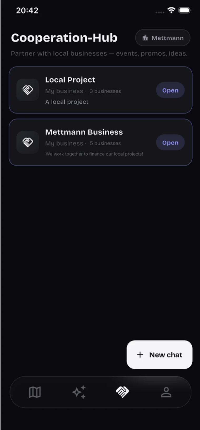 The Cooperation-Hub, listing two chats for Mettmann with three and five businesses in them.