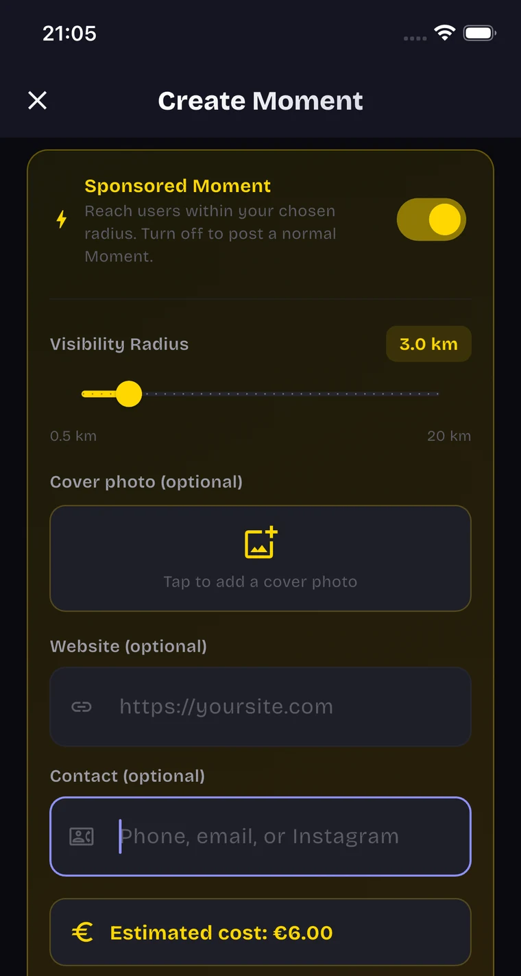 Creating a sponsored Moment: a visibility radius set to 3 km on a 0.5 to 20 km slider, with an estimated cost of 6 euros.